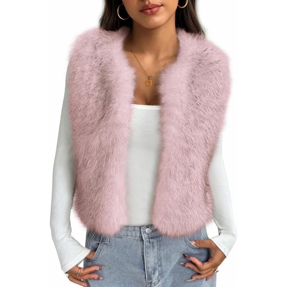 Women's Pink Faux Fur Vest Fall Fashion Sleeveless Fuzzy Jacket Fluffy Coats